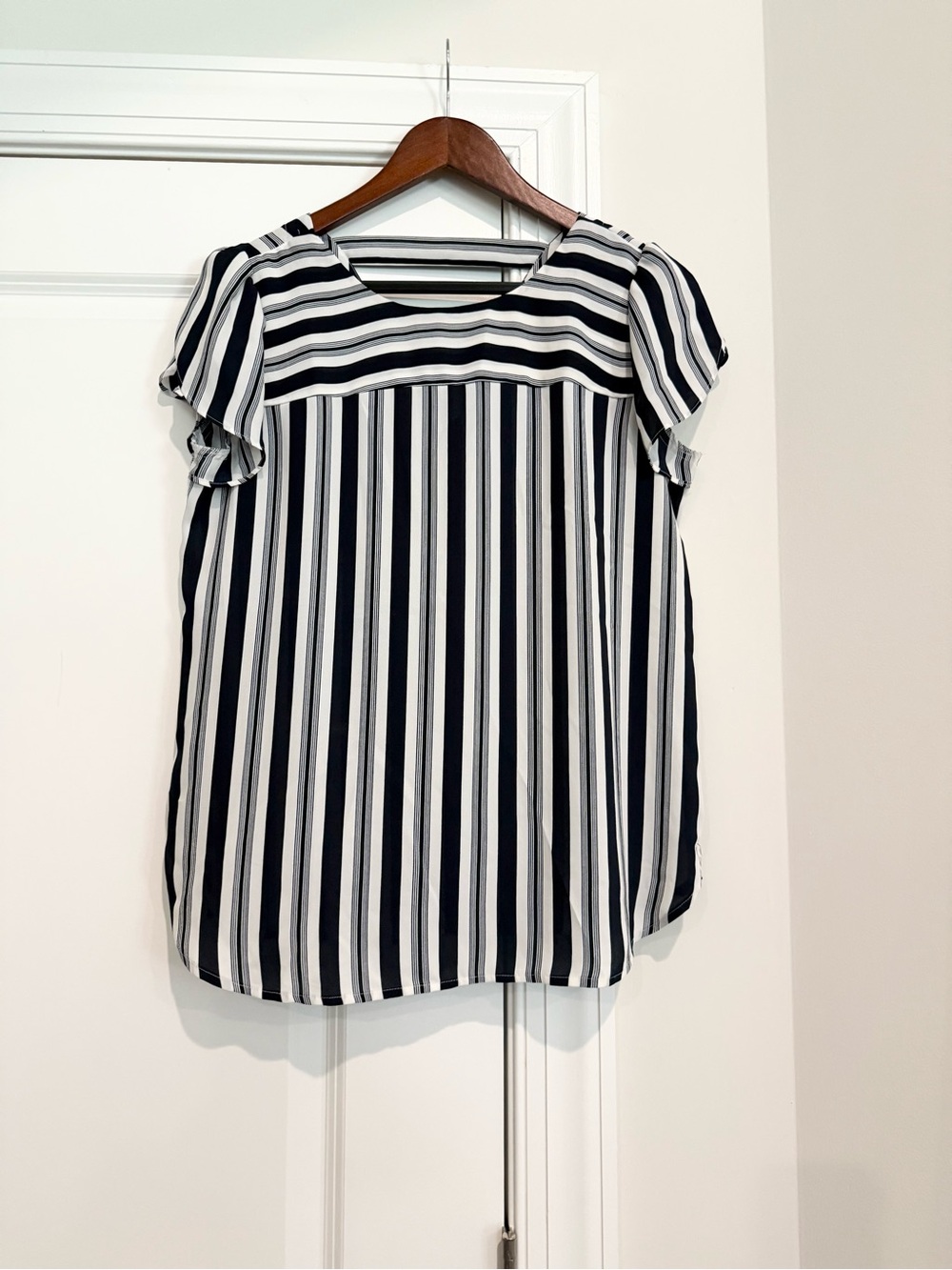 LOFT Navy and White Vertical Stripe Flutter Sleeve Blouse